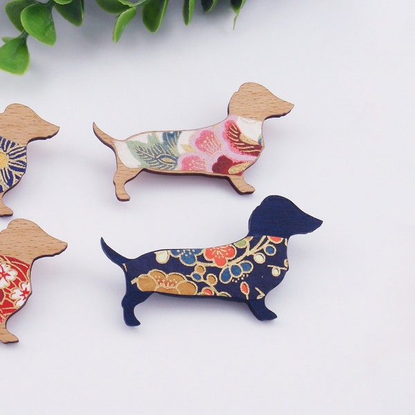 Dachshund brooch, Sausage Dog, Japanese paper, navy blue, red, pink. daschund, dashund, dachsund, sausage dog pin, coat pin, hat pin, broach