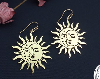 Sun and moon, night day earrings. Lightweight filigree moon earrings. 14k gold stainless steel. Nickel free, 14k gold filled