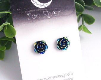 Small flower stud earrings. Iridescent turquoise blue or black rose stud earrings 925 sterling silver, nickel-free titanium, dainty post