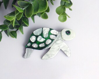 Green turtle brooch. Swimming turtle pin, brooch, broach, jewelry. Emerald green, pale light green turtle pin. Tortoise, marine life