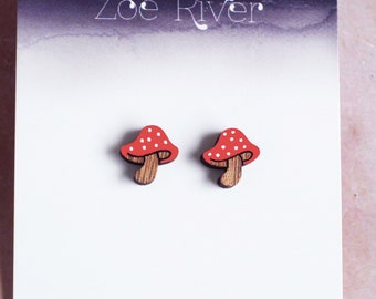 Stud earrings, teeny tiny mushroom toadstools - 925 sterling silver, nickel free titanium. Dainty, small, red, teal, purple, blue wood