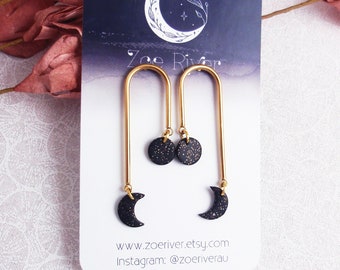 Silver or gold moon phase earrings, stainless steel earposts,  Black gold silver celestial, crescent moon, full moon, statement earrings