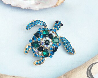 Vintage style blue and green turtle brooch. Swimming turtle pin, brooch, broach, jewelry. Sparkling crystal turtle pin.