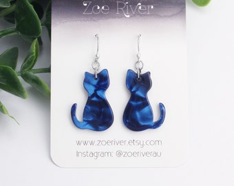 Dainty cat earrings. Stainless steel earrings, turquoise, white, black, pink, teal green, navy blue, tortoise shell earrings, nickel free.