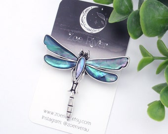 Dragonfly brooch. Teal, turquoise blue abalone shell dragonfly pin, broach. Vintage style dragonfly jewellery.