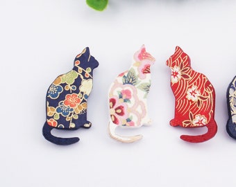 Cat brooch, navy blue, red, pink. Japanese paper, wood, wooden brooch, flower pin, coat pin, hat pin, broach, furbaby gift, cat lover gift