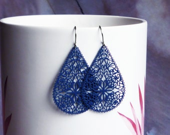 Ultra lightweight filigree earrings, navy blue, wine red burgundy, or pale soft pink large teardrop 925 sterling silver nickel free titanium