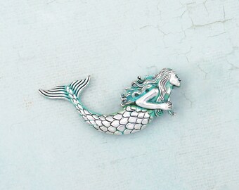 Mermaid brooch, Silver and tuquoise green verdigris. Mermaid jewelry. Mermaid pin. Turquoise brooch. Verdigris patina brooch.