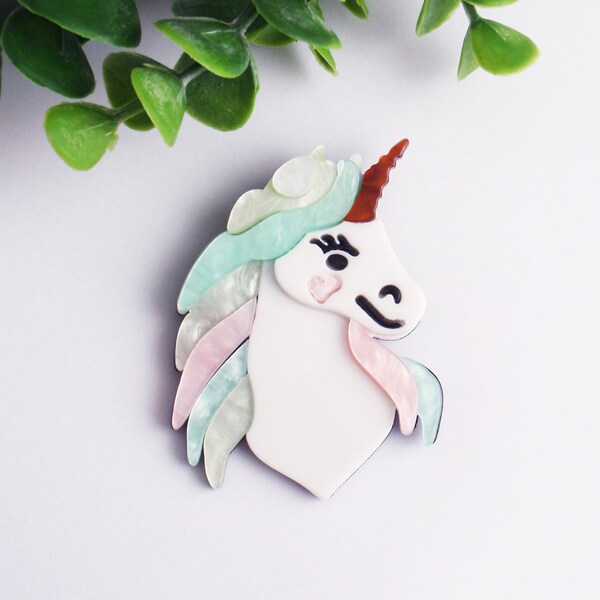 Unicorn brooch. White, pastel pearly pink and pale turquoise pin, brooch, broach, jewelry. Mint seafoam green, pale light green