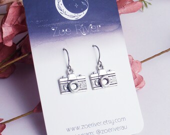 Dainty silver camera earrings. Your choice of 925 sterling silver, nickel free titanium, stainless steel hypoallergenic, photographer gift