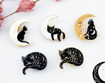 Dainty cat brooch with moon & star design. Black cat brooch, silver or gold cat brooch, brooch, black, white, Cat coat pin. Cat hat pin.