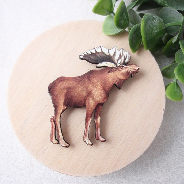 Moose brooch. brown wooden moose pin, broach, jewelry. Wood moose pin. Wooden moose broach. Alaska, Canada