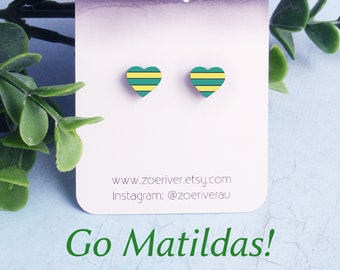 Heart studs. Go Matildas! Green and gold, yellow small earrings with your choice of 925 sterling silver stainless steel nickel-free titanium