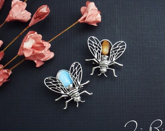 Silver bee brooch, brown glass tigereye or opalite moonstone bee brooch. Bee jewelry Bee pin Bee broach Unique bee brooch Dainty bee brooch