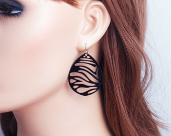 Ultra lightweight black zebra print filigree earrings, choose 925 sterling silver, nickel free titanium, stainless steel. Long  earrings