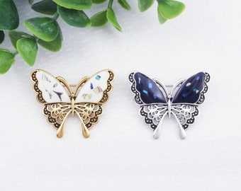 Butterfly brooch. Silver or gold, Shell inlay resin and metal butterfly brooch. Vintage style moth butterfly broach. Butterfly pin.