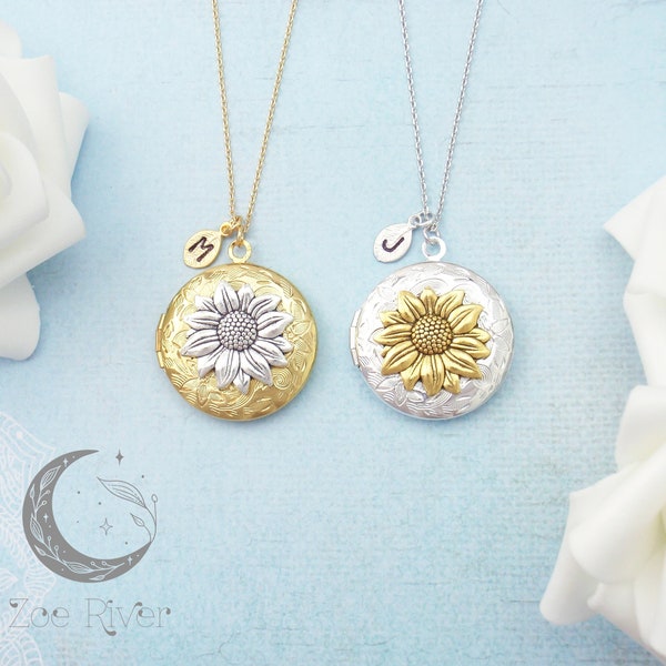 Locket necklace. Silver or gold sunflower round locket long necklace. Personalized initial, monogram, engraved, sun flower