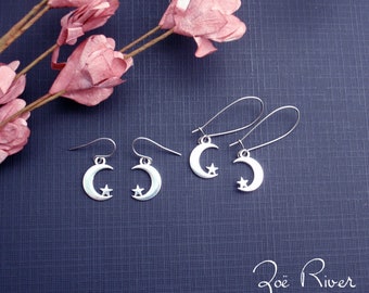 Silver moon and star earrings - choose 925 sterling silver, nickel free titanium or stainless steel. Dainty, small crescent, Silver jewelry