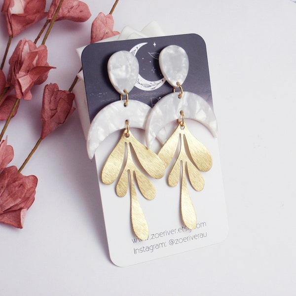 Gold leaf earrings with pearly crescent moon and teardrop. 925 sterling silver, nickel free titanium, stainless steel posts. Hypoallergenic