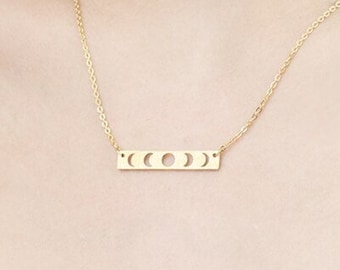 Dainty moon phase bar necklace. 14k gold or silver over stainless steel necklace. Lunar cycle, crescent moon, full moon