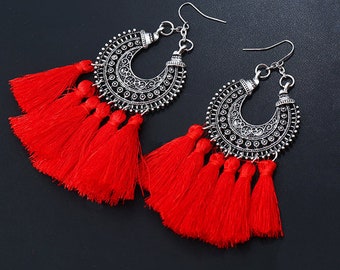 Red tassel earrings - 925 sterling silver, nickel free titanium or stainless steel, moon silver vintage style boho bohemian, hypoallergenic.