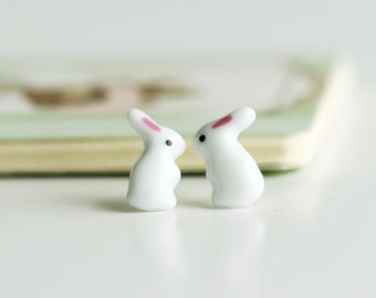 White rabbit earrings - stainless steel earrings, Dainty small bunny post stud earrings. Hypoallergenic
