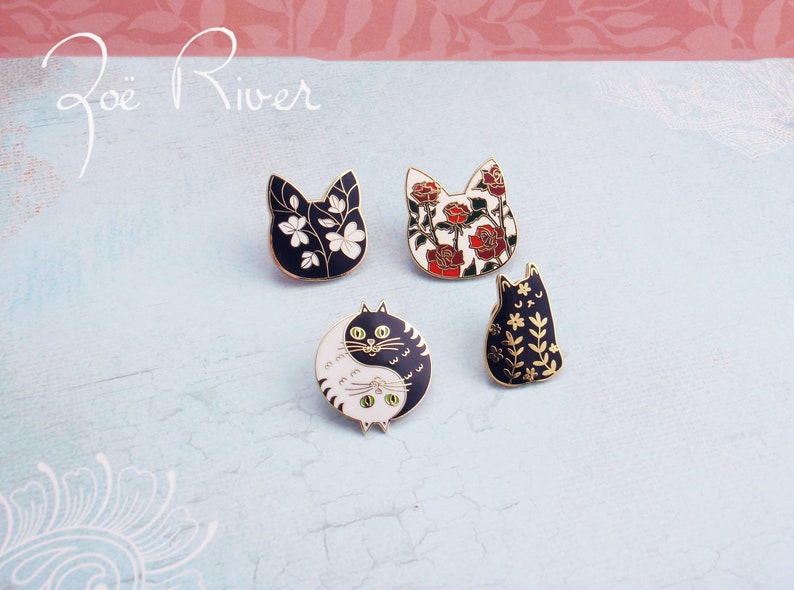 Dainty cat brooch pins. Black cat brooch, white cat brooch, Red flower brooch, cat broach, pin, Cat coat pin. Cat hat pin. image 10