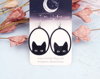 Boucles d'oreilles chat lorgnant noir. Votre choix d'argent sterling 925, de titane sans nickel ou d'acier inoxydable, ultra léger. des boucles d'oreilles