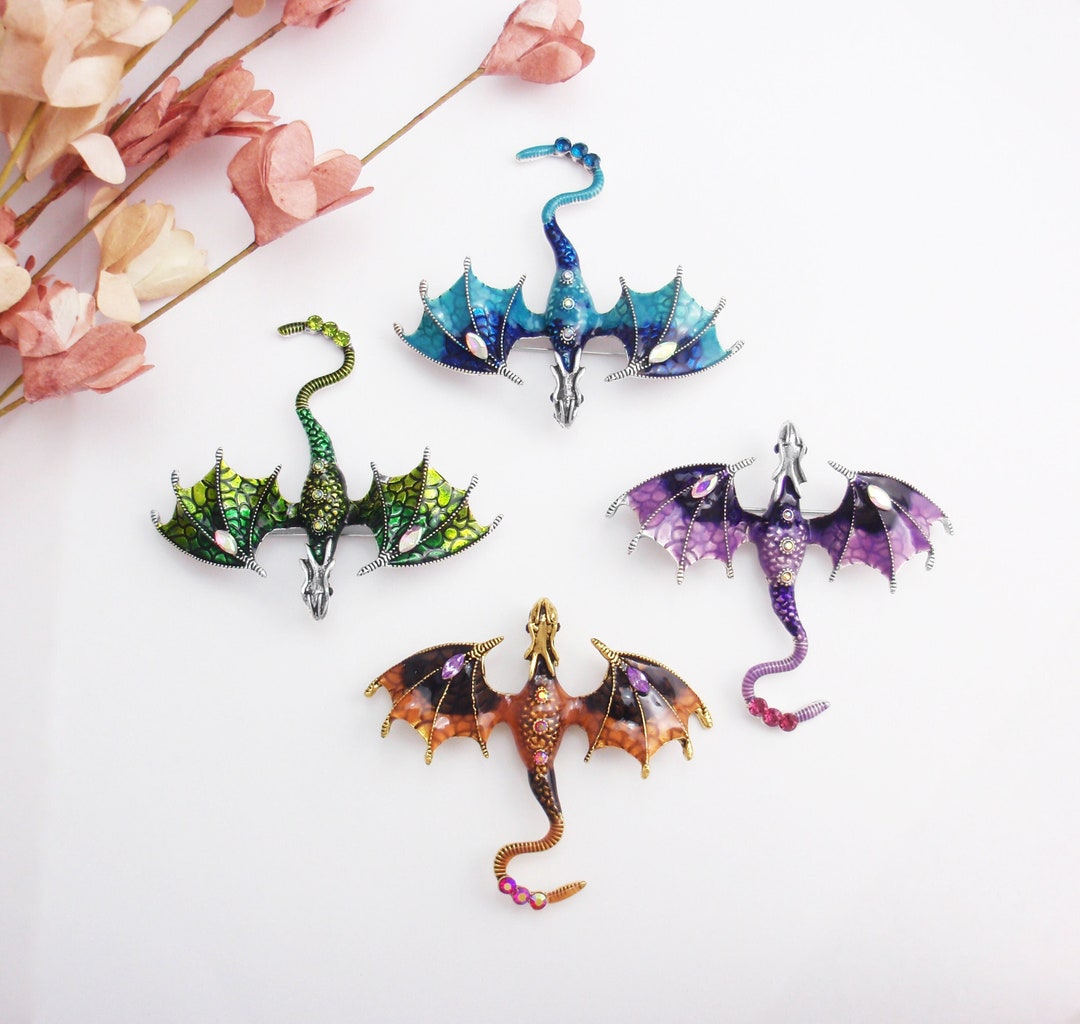 Dragon Brooch. Silver, Purple, Blue, Turquoise Green, Pin, Broach