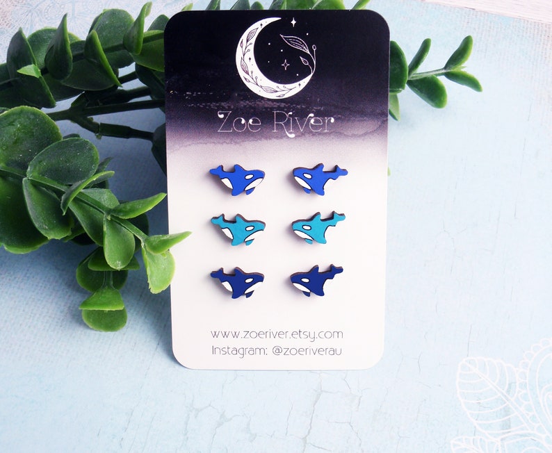 Orca killer whale stud earrings 925 sterling silver, stainless steel, or nickel free titanium. Tiny small blue, navy, turquoise post studs image 8