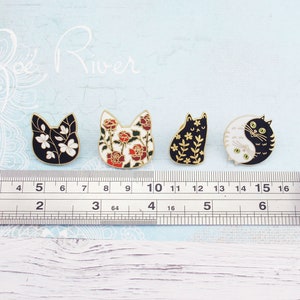 Dainty cat brooch pins. Black cat brooch, white cat brooch, Red flower brooch, cat broach, pin, Cat coat pin. Cat hat pin. image 2