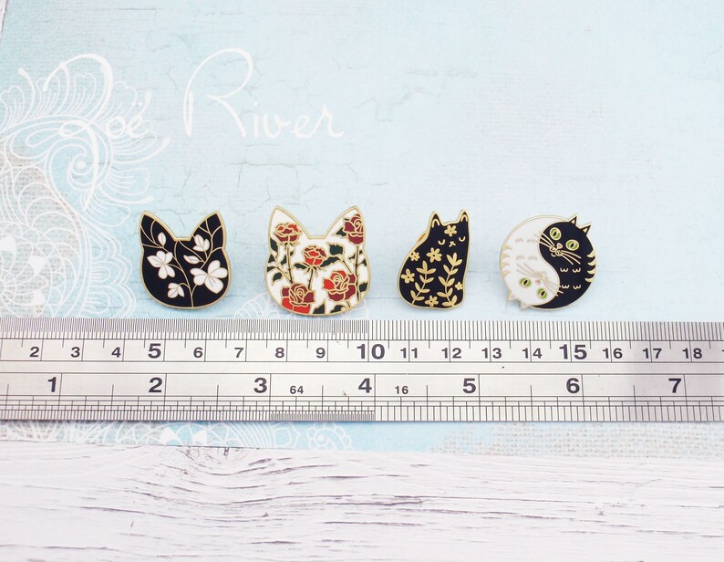 Dainty cat brooch pins. Black cat brooch, white cat brooch, Red flower brooch, cat broach, pin, Cat coat pin. Cat hat pin. image 2