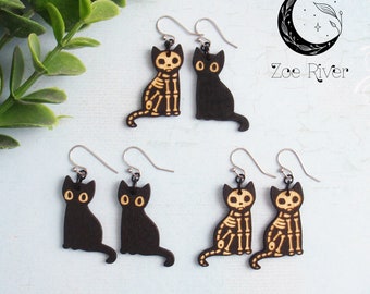 Lightweight wood black cat earrings. Choose 925 sterling silver, nickel free titanium or stainless steel. Skeleton skull cat, hypoallergenic