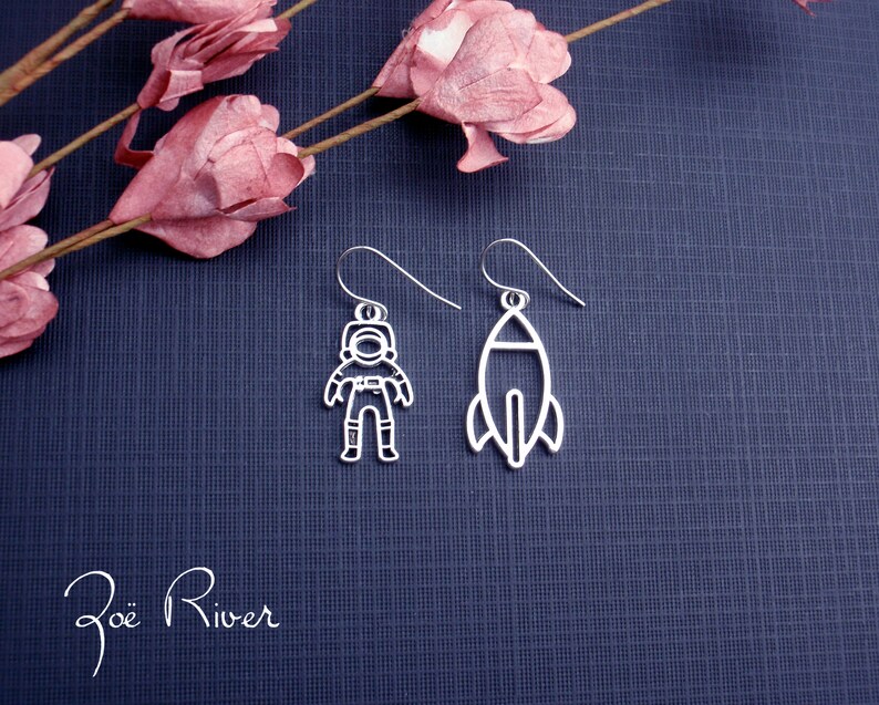 Science earrings, astronaut space ship rocket ship atom chemistry geometry. Stainless steel, nickel free titanium or 925 sterling silver image 2