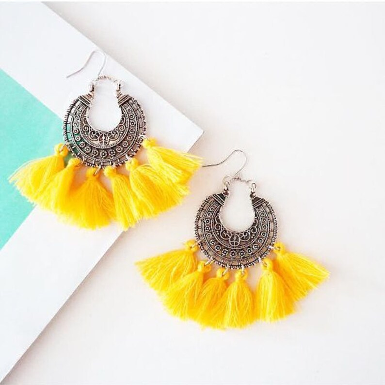 Yellow Tassel Earrings Surgical Steel Earrings Half Moon Etsy