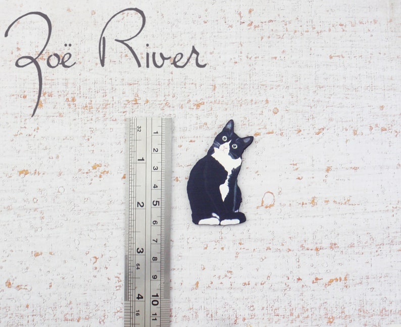 Black and white cat brooch. Laser cut wooden brooch. Black cat pin. Cat broach. Cat brooch. Furbaby brooch, tuxedo cat image 5