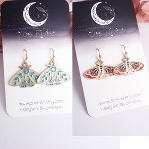 Luna moth earrings. 14k gold filled or stainless steel. Lunar, moon, pale mint green, brown caramel drop dangle earrings