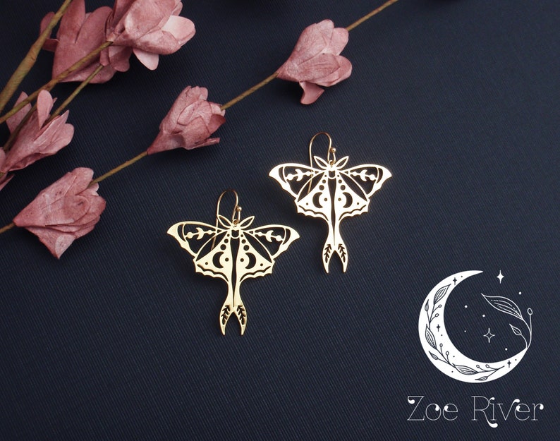 Gold luna moth earrings. Lightweight filigree moon butterfly drop earrings. 14k gold filled, or stainless steel. Lunar, celestial, image 2