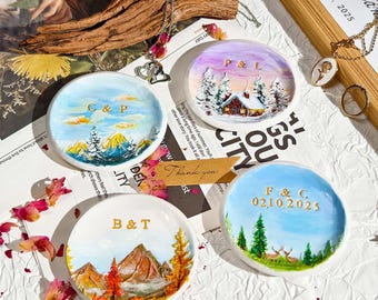 Plato para anillos personalizado con iniciales de pareja, joyería de montaña 3D pintada a mano, bandeja de regalo