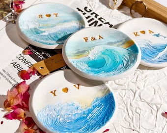 Custom  Ocean Waves Ring Dish • Unique Hand-drawn Gift • Personalized Date Name Jewelry Tray • Embossed Waves Engagement Gift