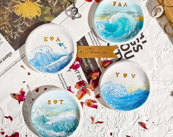 Custom  Ocean Waves Ring Dish • Unique Hand-drawn Gift • Personalized Date Name Jewelry Tray • Embossed Waves Engagement Gift