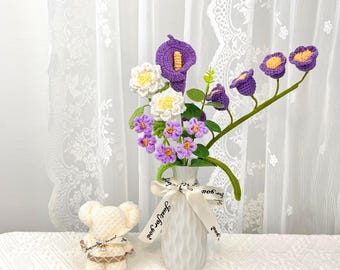 Buquê de flores de crochê, lírio-do-vale, copo-de-leite, formatura, aniversário, decoração para casa, arranjo floral eterno