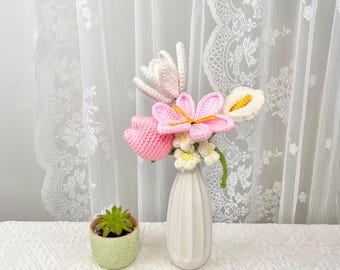 Buquê de flores de crochê, tulipa, copo-de-leite, formatura, aniversário, decoração para casa, arranjo floral eterno