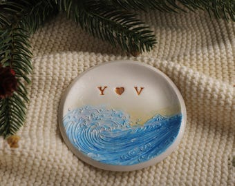 Custom  Ocean Waves Ring Dish • Unique Hand-drawn Gift • Personalized Date Name Jewelry Tray • Embossed Waves Engagement Gift