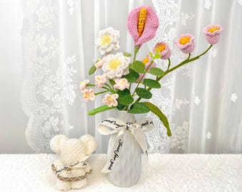 Buquê de flores de crochê, lírio-do-vale, copo-de-leite, formatura, aniversário, decoração para casa, arranjo floral eterno