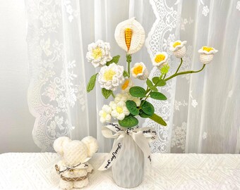 Buquê de flores de crochê, lírio-do-vale, copo-de-leite, formatura, aniversário, decoração para casa, arranjo floral eterno