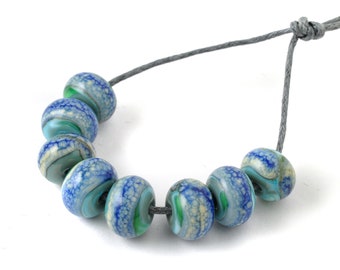 Small Patterned Blue Lampwork Glass Beads