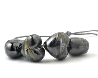 Black Heart Lampwork Glass Beads for Jewellery Handmade in UK