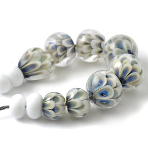 Lampwork Petal Beads in Light Blue and White, Handmade Beads for Jewellery