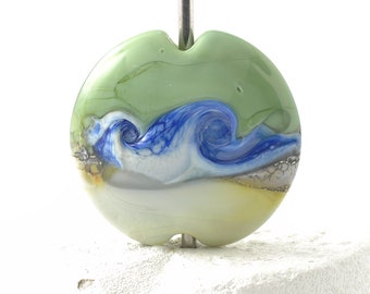 Lampwork Glass Focal Bead for Jewellery Making UK SRA, Handmade Green Waves